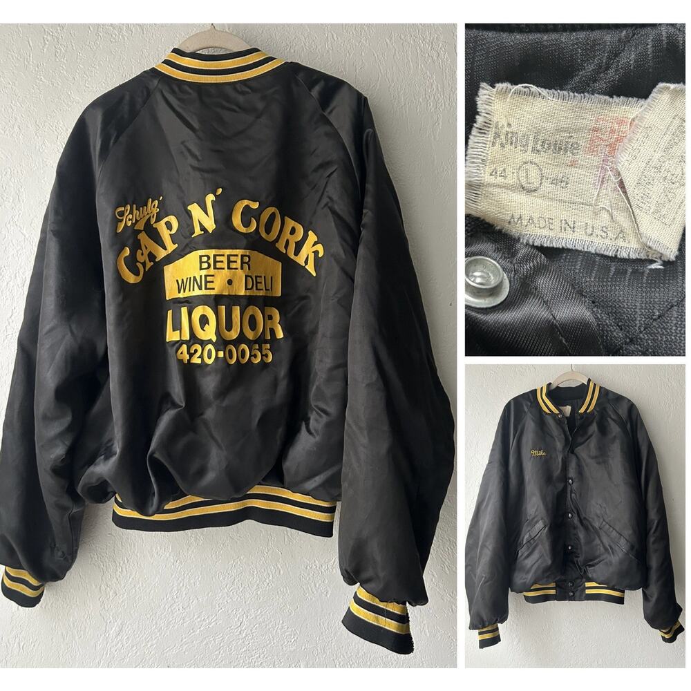 Vtg King Louie Satin Bomber Jacket Large Cap N Cork Liquor 420 Grandpa Thrashed